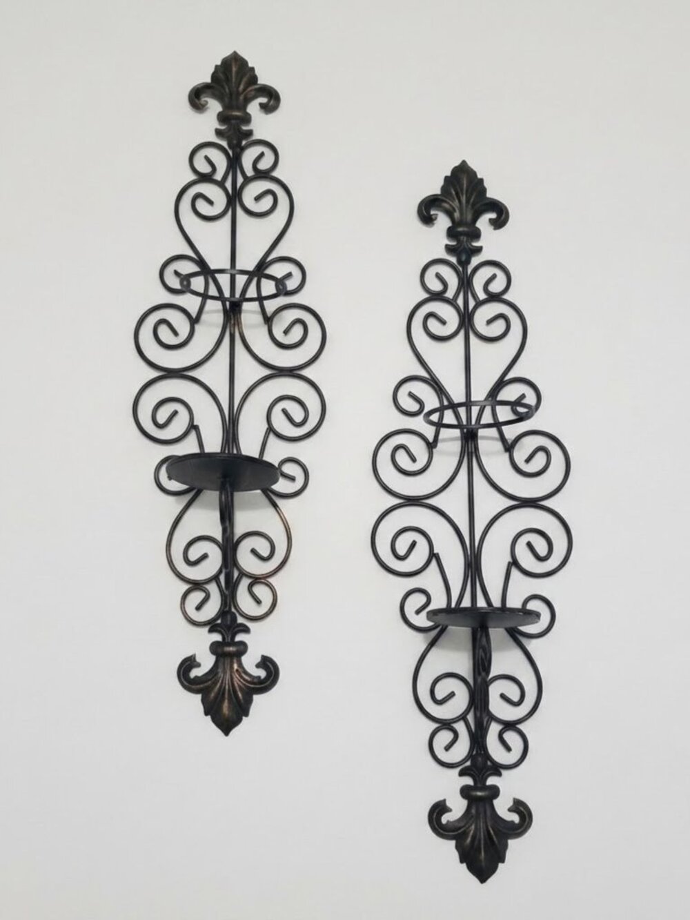 Vintage Wrought Iron Wall Sconces Fleur de Lis Pillar Candle Holders Black Gold